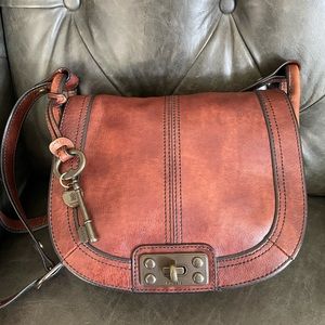 Fossil Vintage Brown Leather Flap Crossbody w/ Key